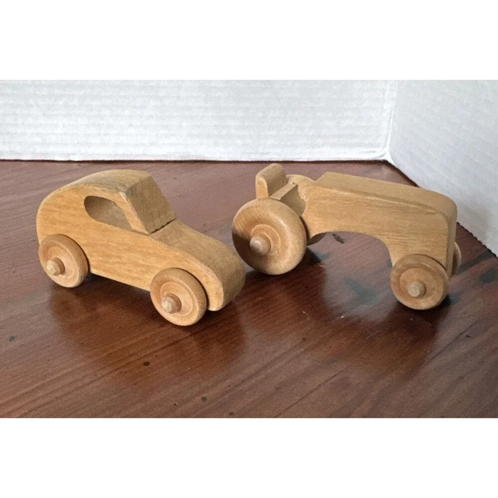 2 Wooden Vehicles 1 Wooden Tractor And 1 Car Wood Toy Collectible